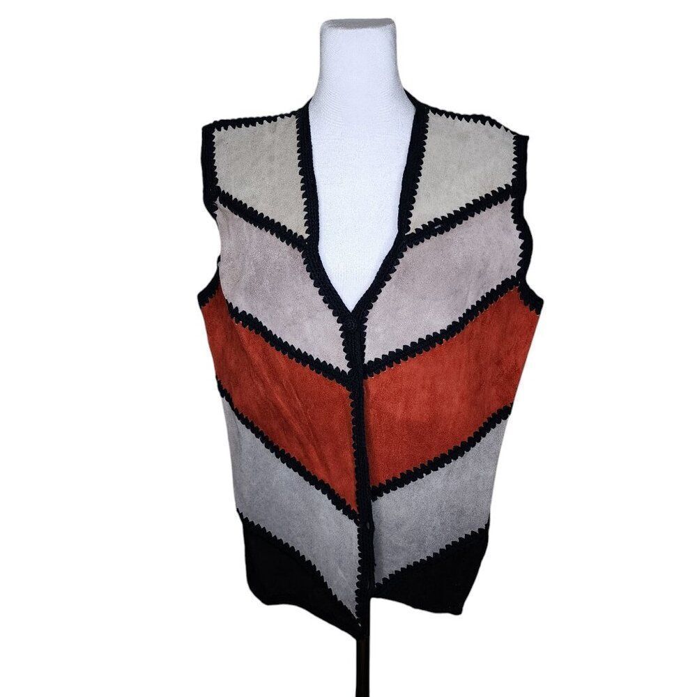 Vintage 1970s Groovy Color Block Leather Vest Womens Size XL Black Orange Gray